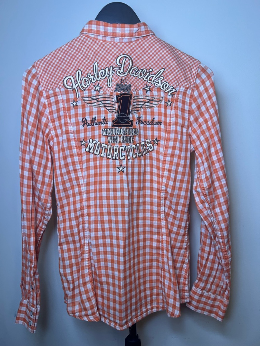 Harley Davidson Orange Gingham Snap Shirt Embroidered Back Small
